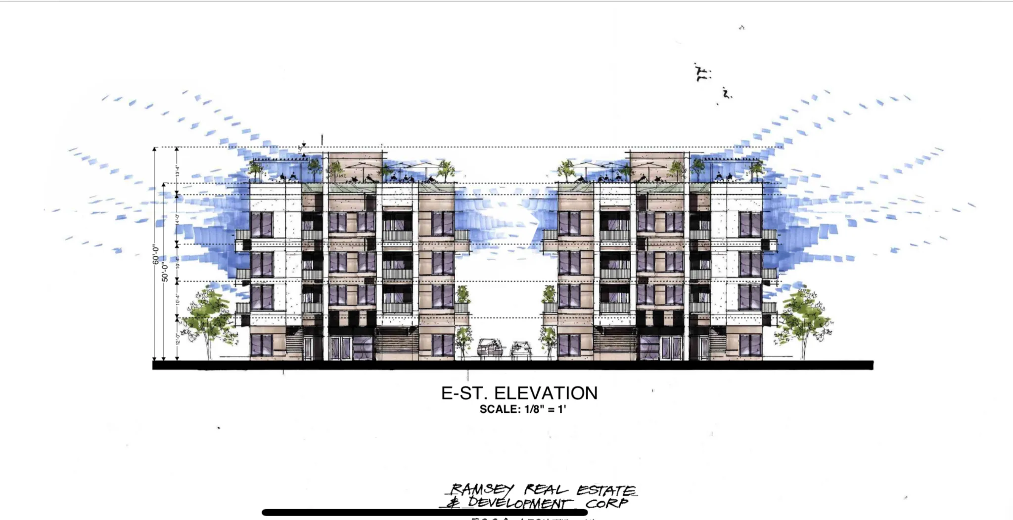 Architectural rendering of planned multi-story mixed-use building at 3001 E Street Sacramento showing E Street elevation with ground-floor commercial and upper residential floors