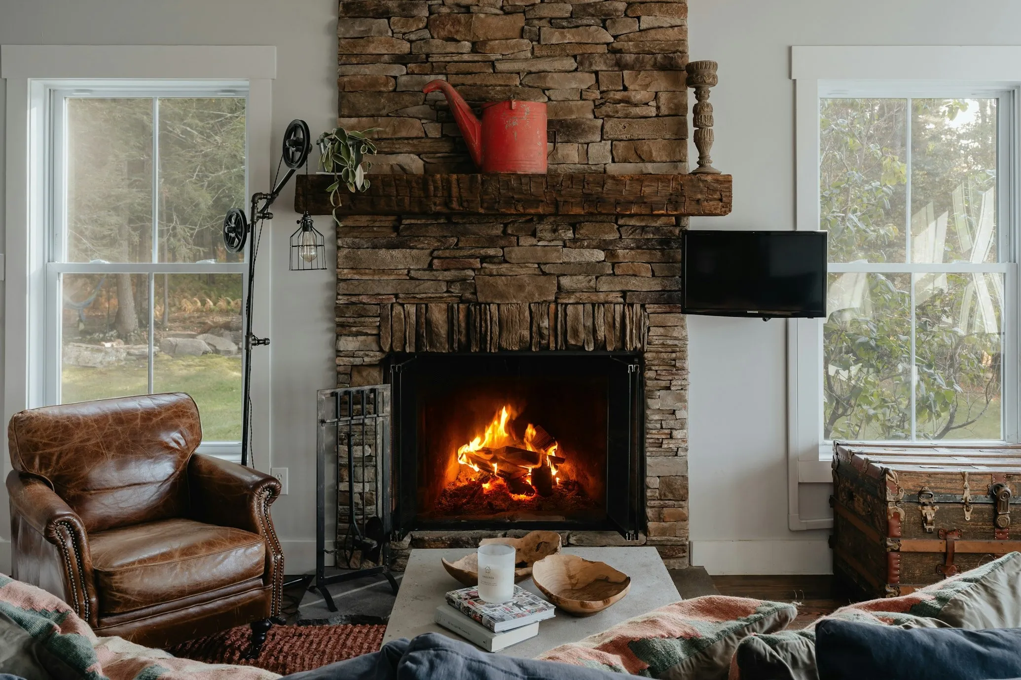 Modern fireplace with updated tile and mantle